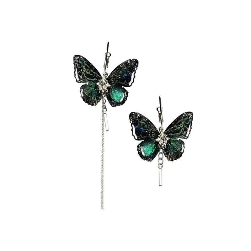 Balck Green Butterfly Hoop Dangle Earrings