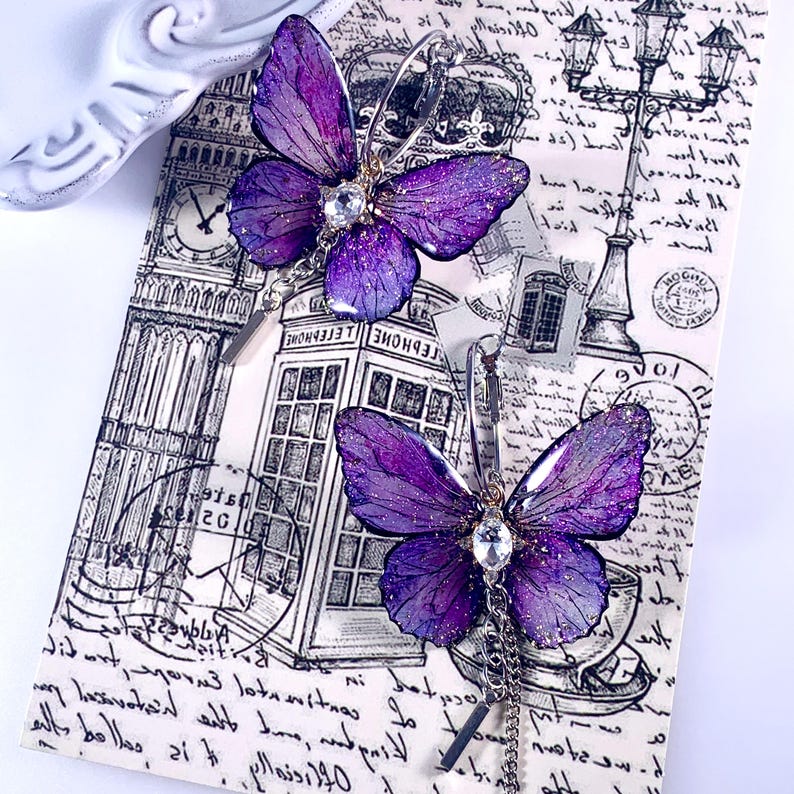 Purple Butterfly Hoop Dangle Earrings