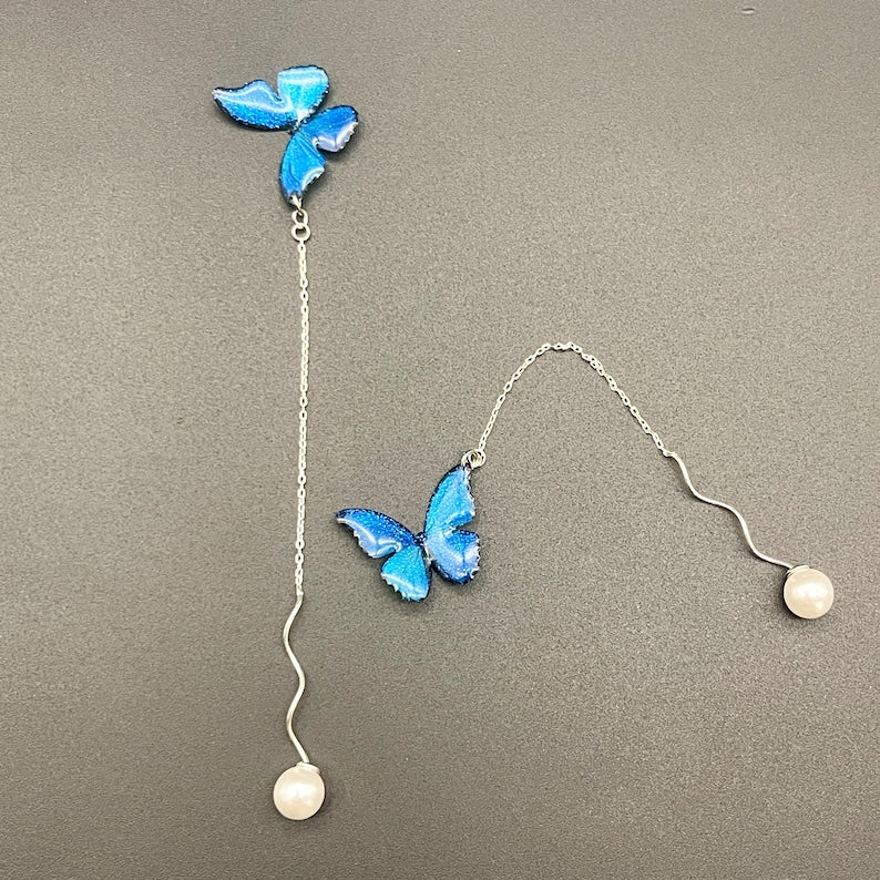 Blue Morpho Butterfly Theader Earring with Pearl