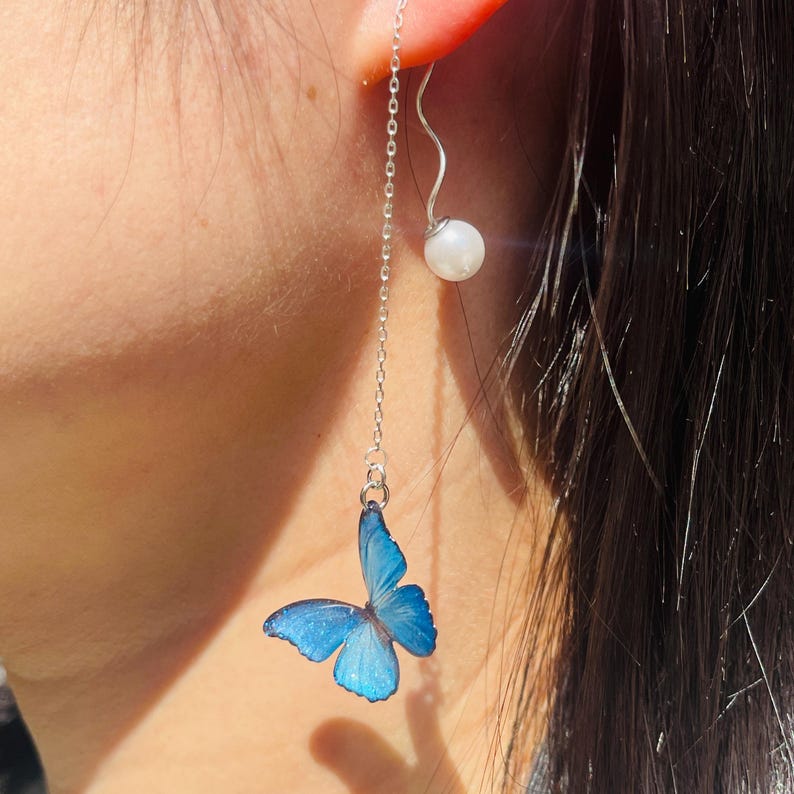 Blue Morpho Butterfly Theader Earring with Pearl