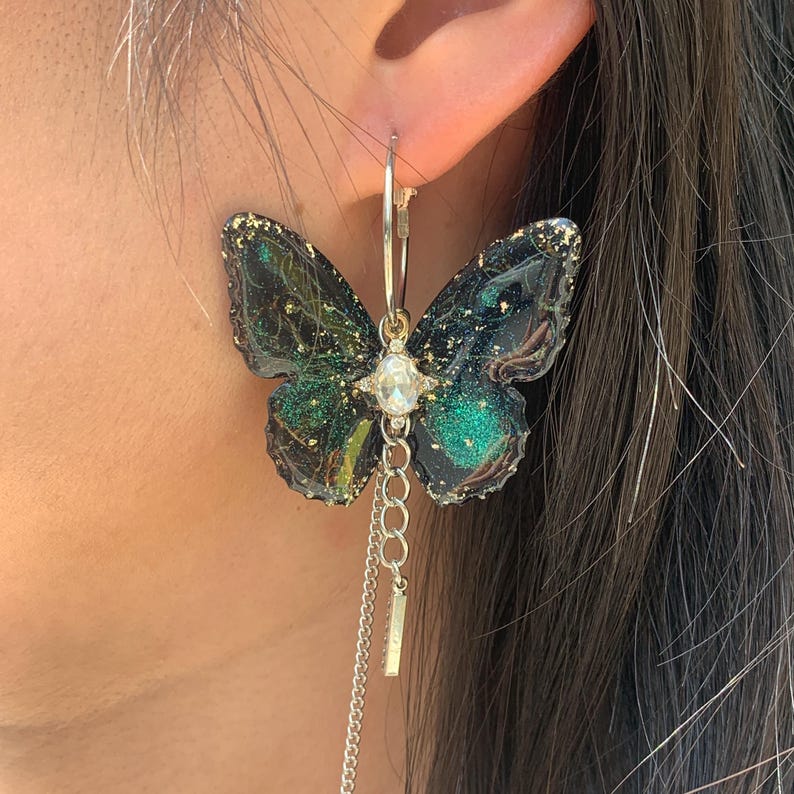 Balck Green Butterfly Hoop Dangle Earrings