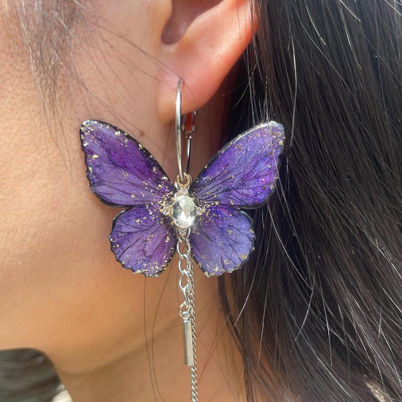 Purple Butterfly Hoop Dangle Earrings