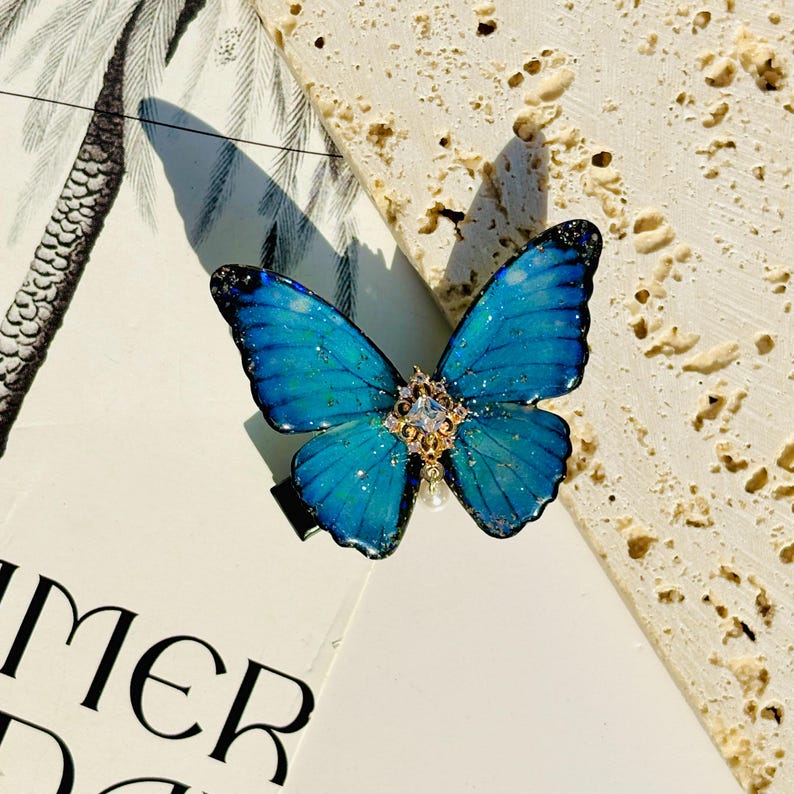 Blue Morpho Butterfly Love Pearls Hair Clip