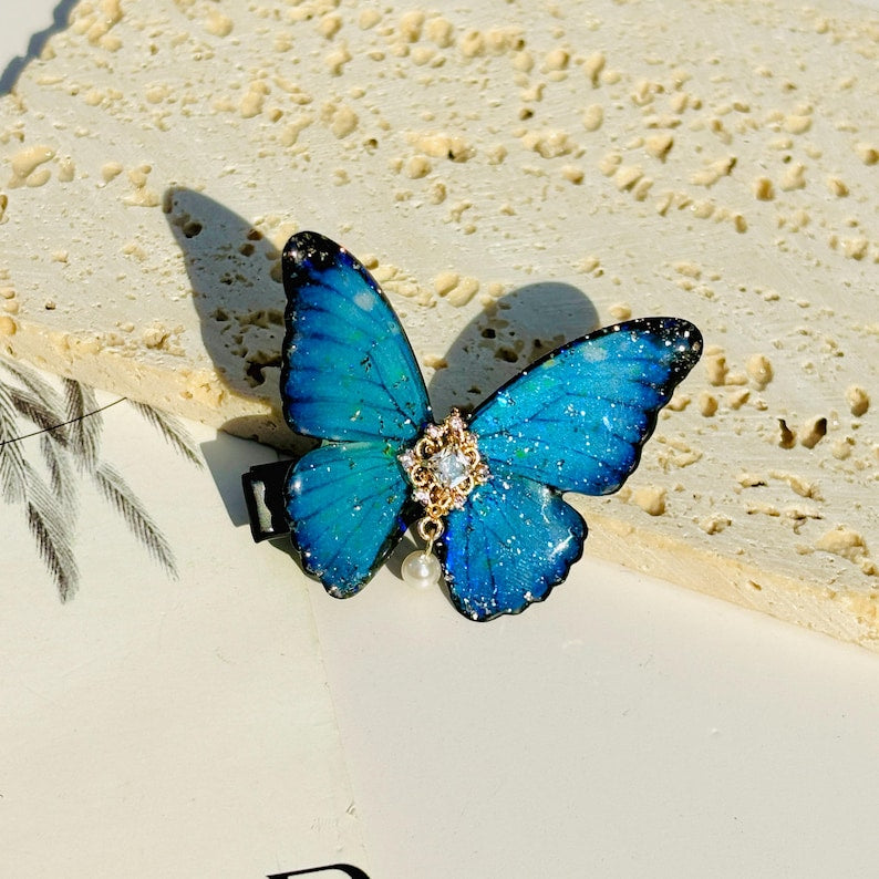 Blue Morpho Butterfly Love Pearls Hair Clip