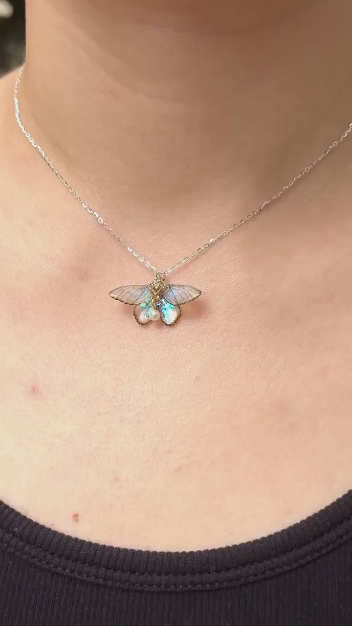 Green Moth Necklace,Moth Wings With Pearl Jewelry, Insect Fairy Resin Moth Pendant, Gift For Her